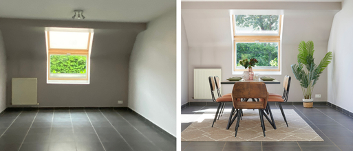 avant apres home staging salle a manger avec table chaises plante